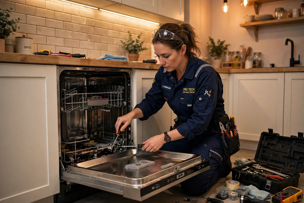 Technician repairing a built-in dishwasher drain and spray arm in a Ventura, CA kitchen