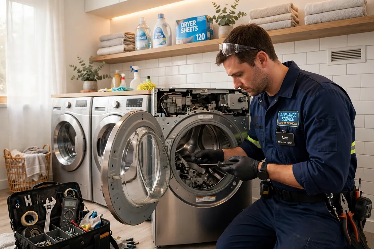 Technician servicing a front load dryer beside a washer in a Ventura, CA laundry room