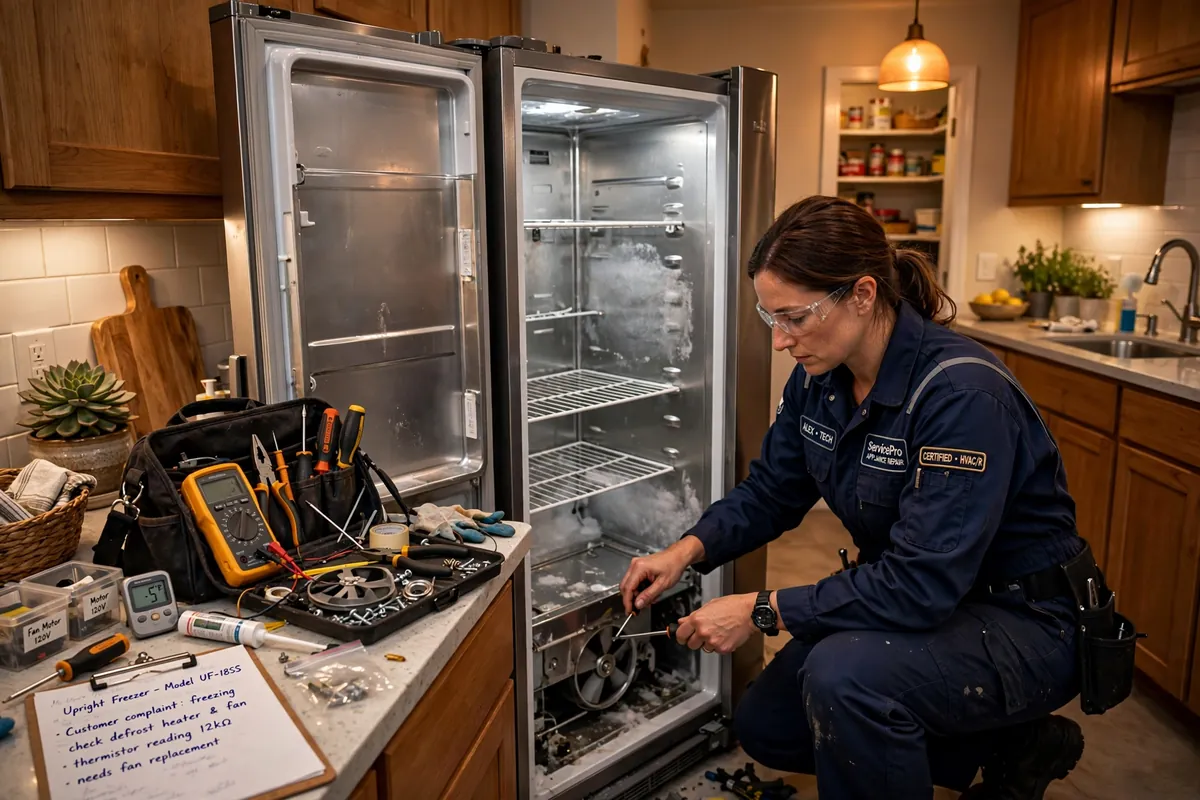 Technician replacing a freezer fan motor on a frosted refrigerator in a Ventura, CA home