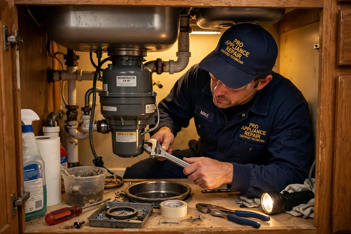 Technician fixing a garbage disposal under a kitchen sink in a Ventura, CA home
