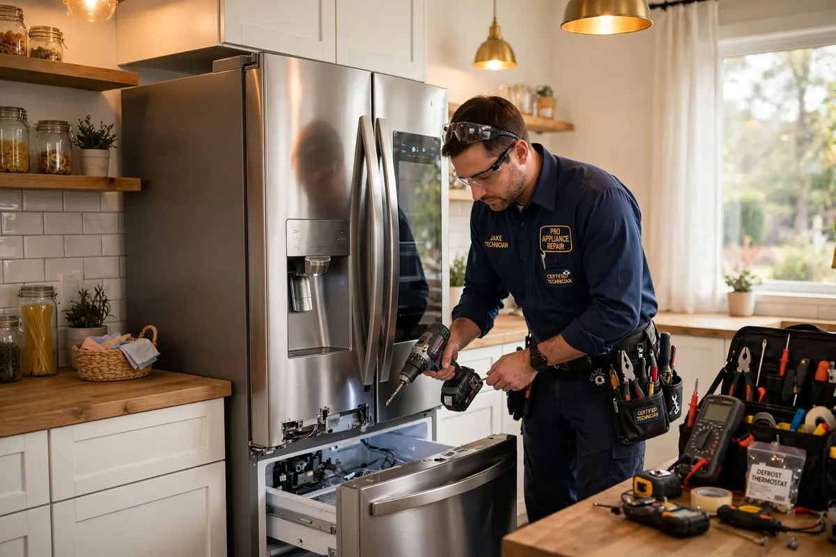 Technician repairing a stainless steel French door refrigerator in a Ventura, CA kitchen