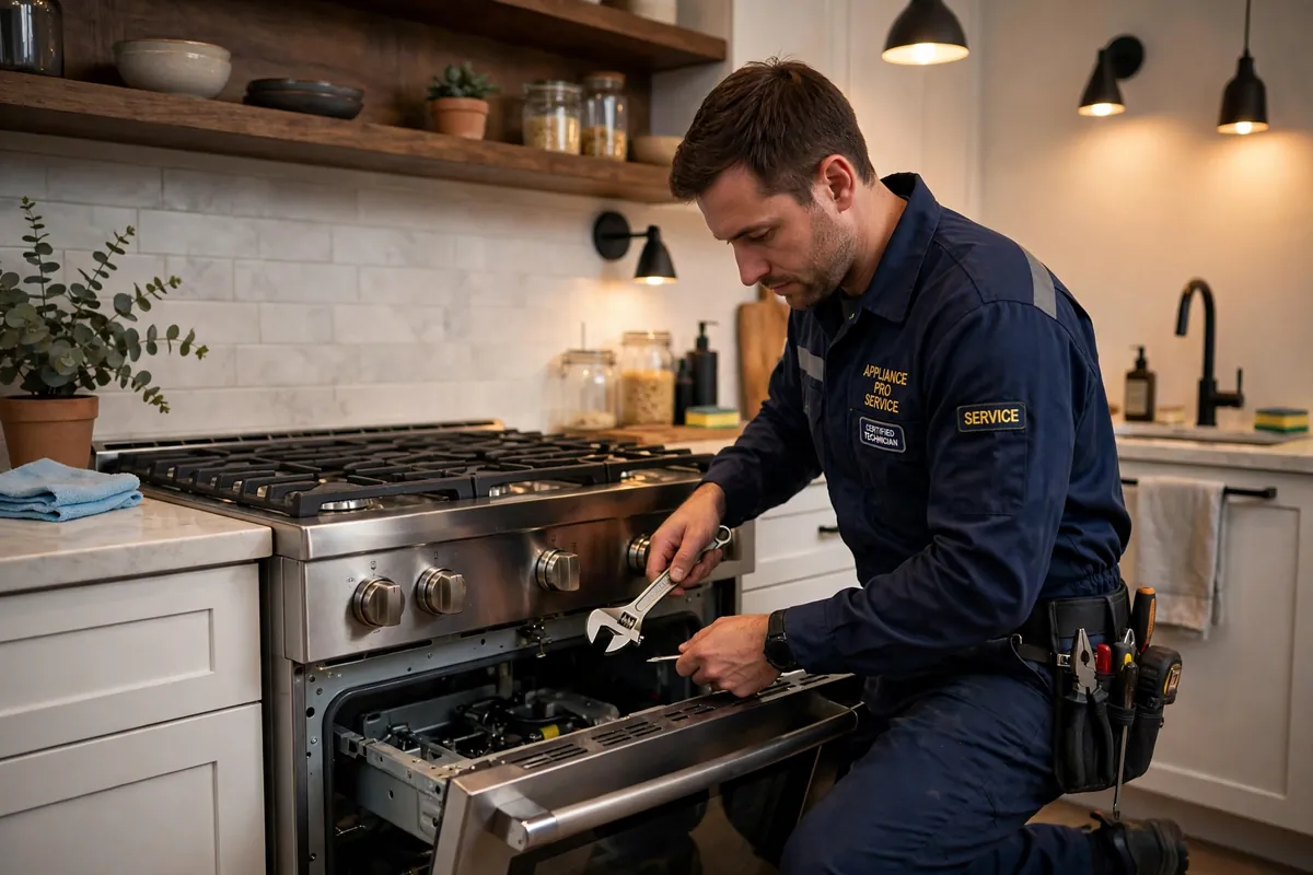 Technician repairing a gas range oven and stovetop in a Ventura, CA kitchen
