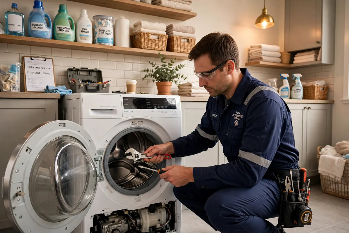 Technician repairing a front load washing machine in a Ventura, CA laundry room